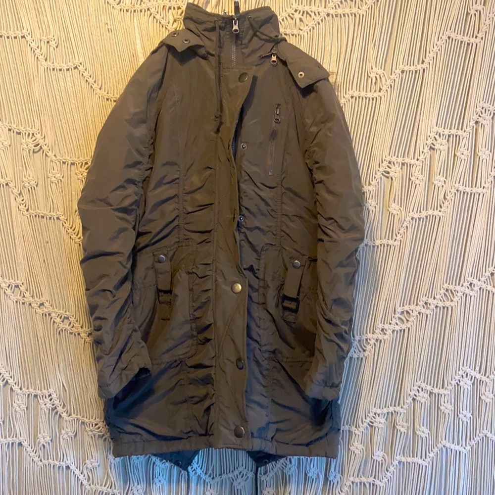 Olive jacket with faux fur hood